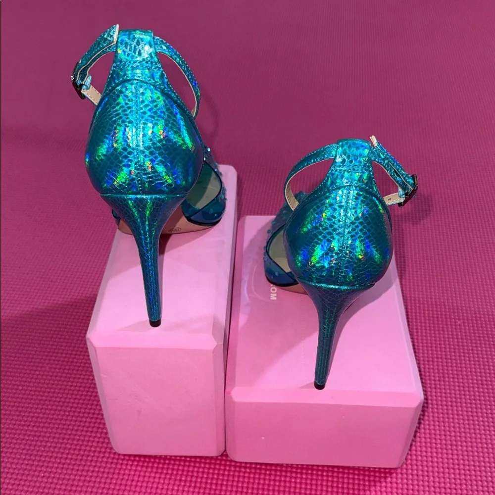 Mix No. 6 Teal Crystal-Embellished Pointed-Toe Ankle-Strap Heels (never worn) - Picture 4 of 6